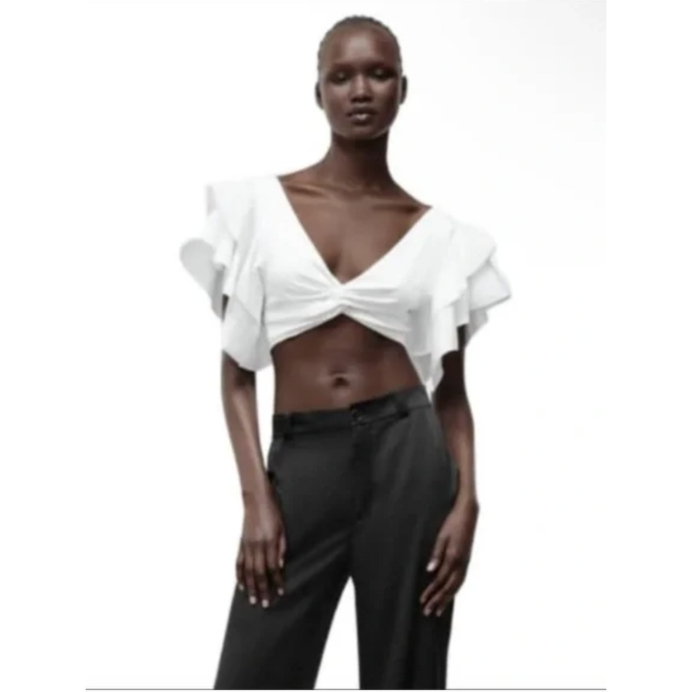 *NWT* Zara White V Neck Ruffle Sleeve Crop Top Knotted